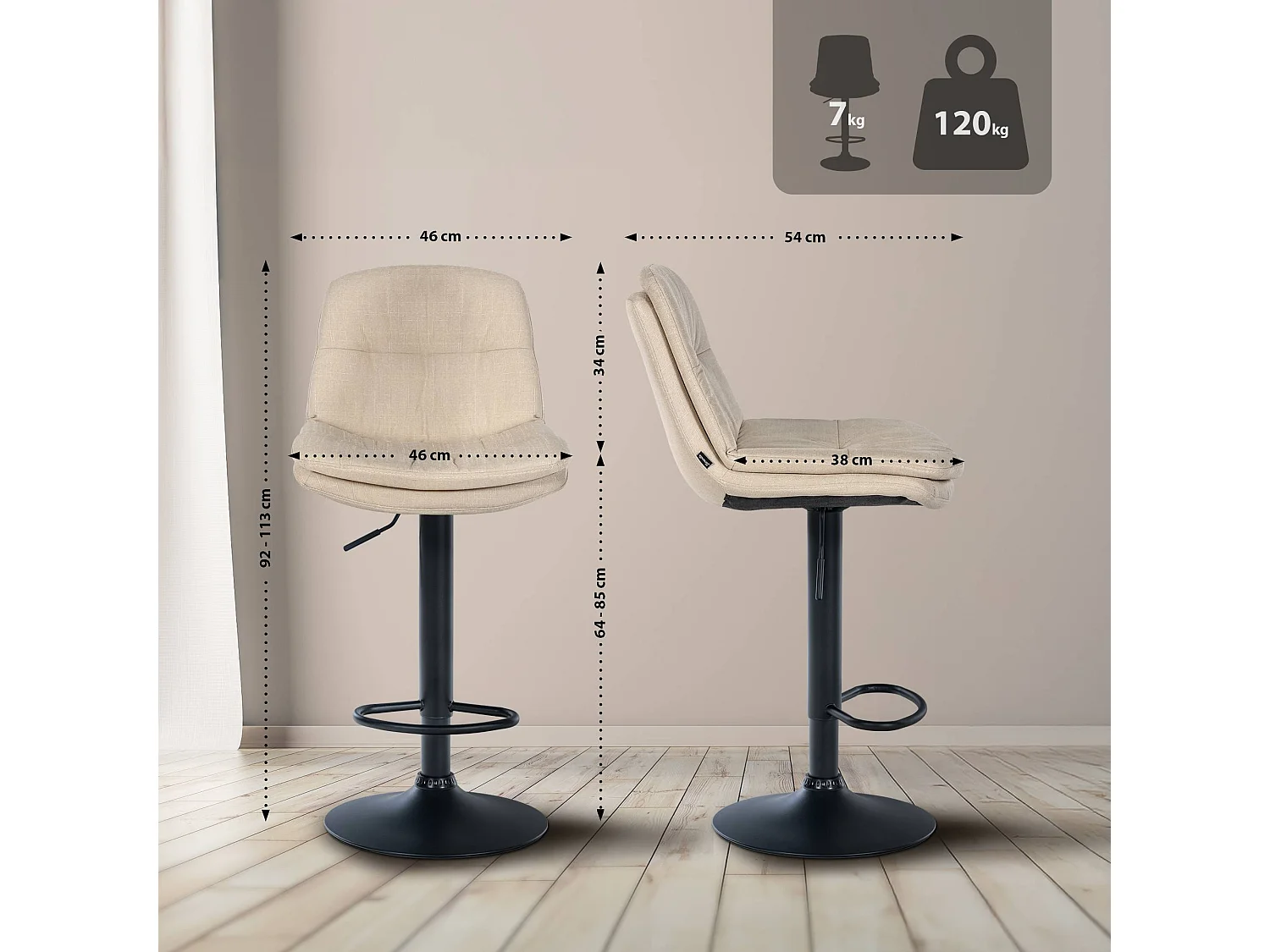 Tabouret de bar - Tissu - Crème - Laurel