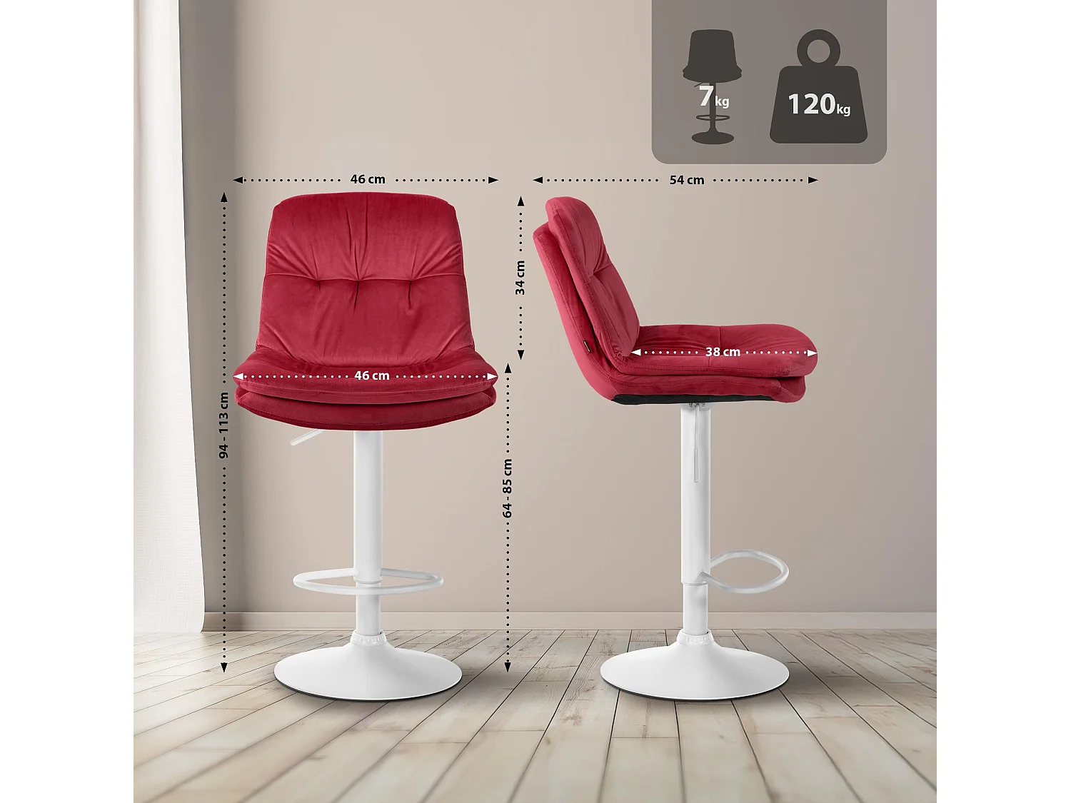 Tabouret de bar - Velours - Rouge - Laurel