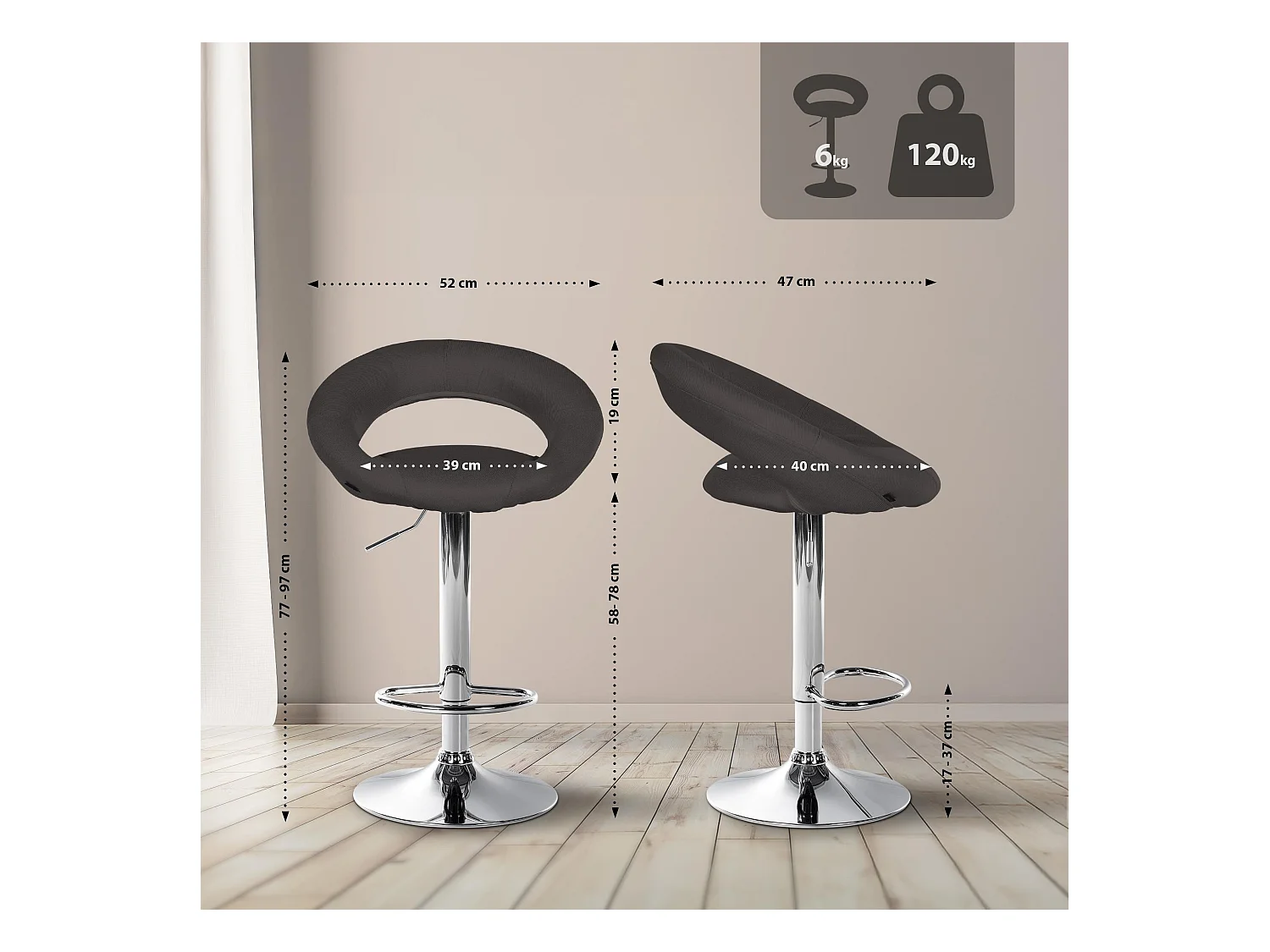 Lot de 2  Tabouret de bar - Tissu & Chrome - Gris foncé - Olinda