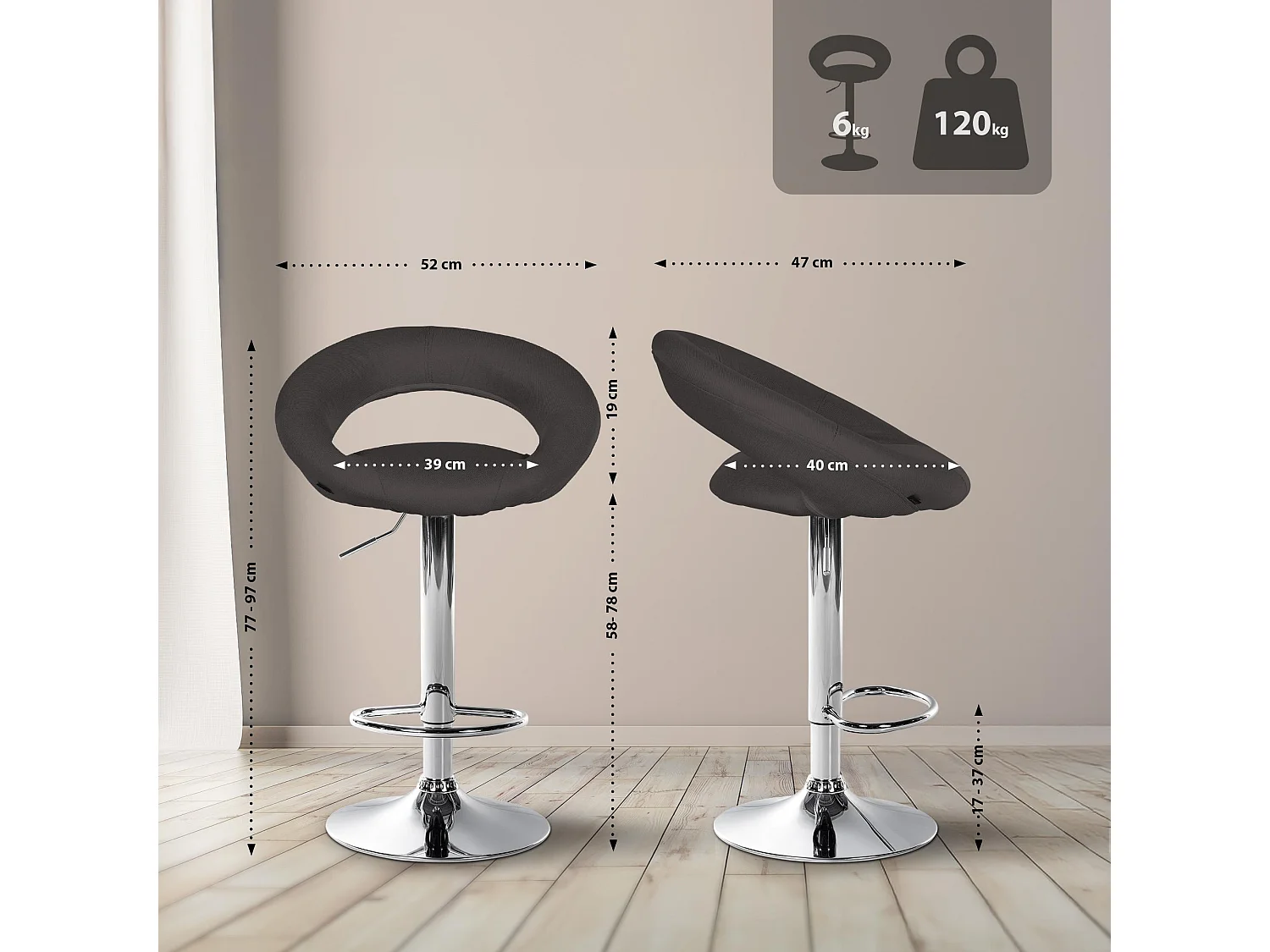 Lot de 2  Tabouret de bar - Tissu & Chrome - Gris foncé - Olinda