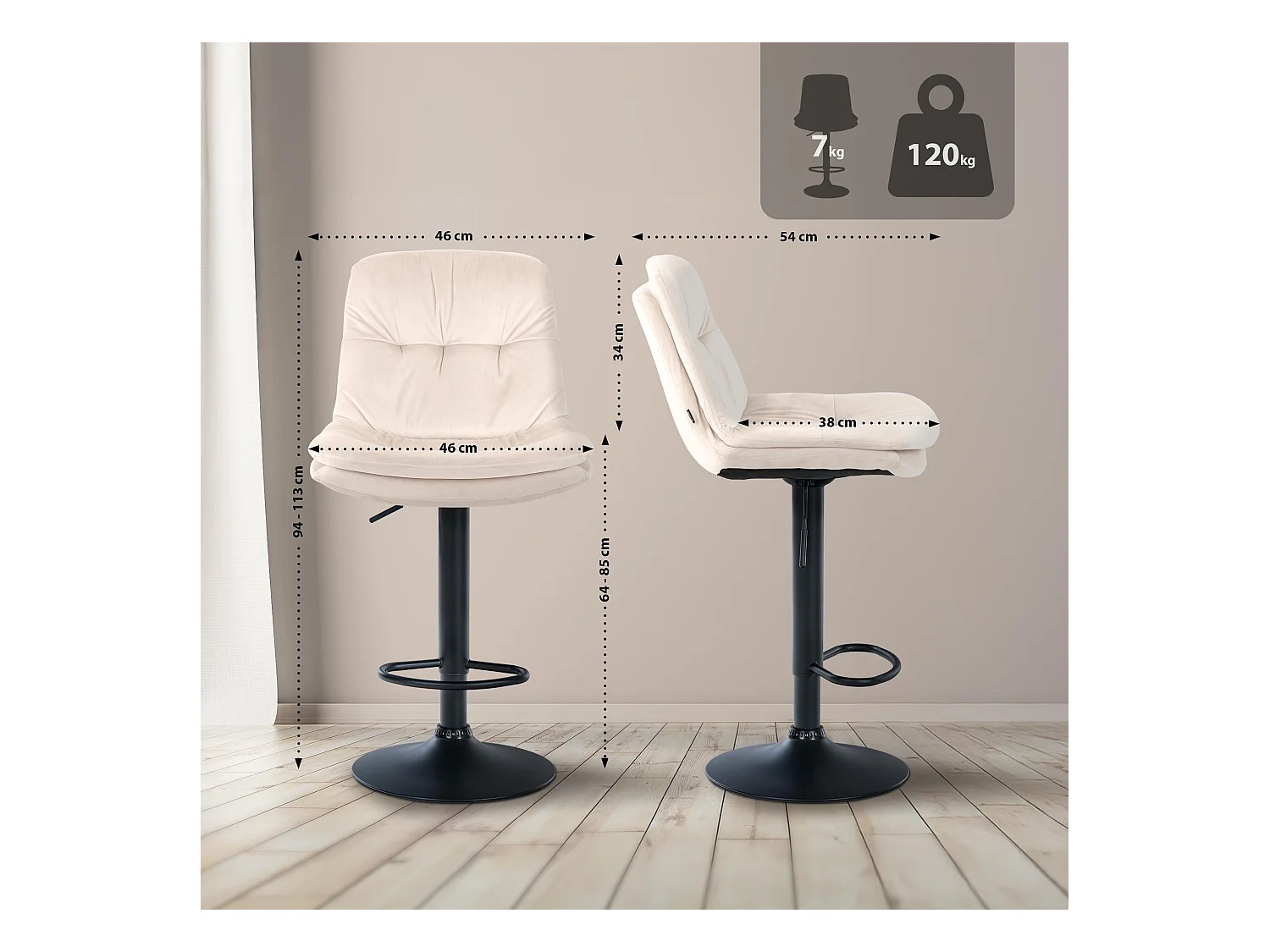 Tabouret de bar - Velours - Crème - Laurel