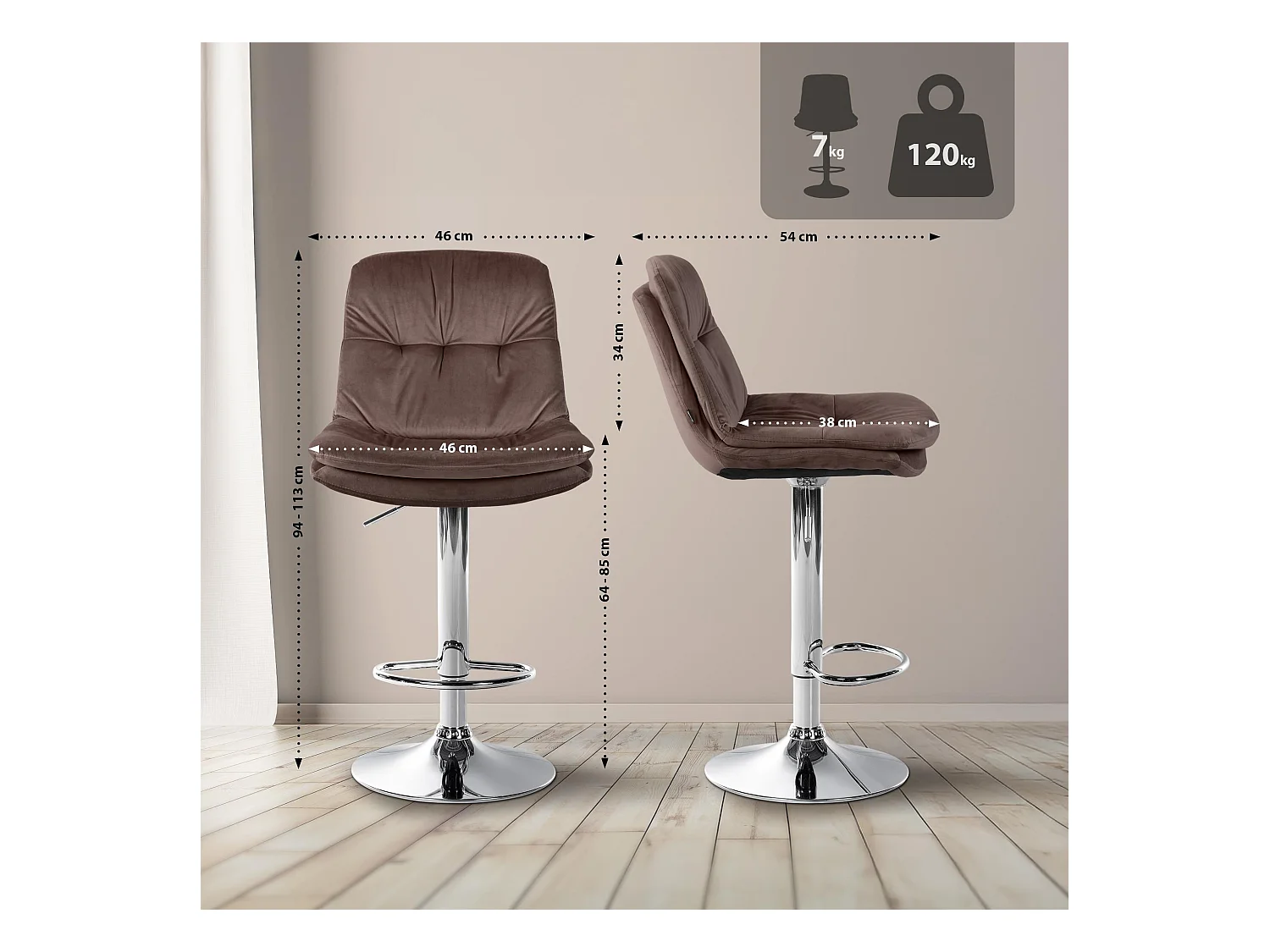 Tabouret de bar - Velours - Marron - Laurel