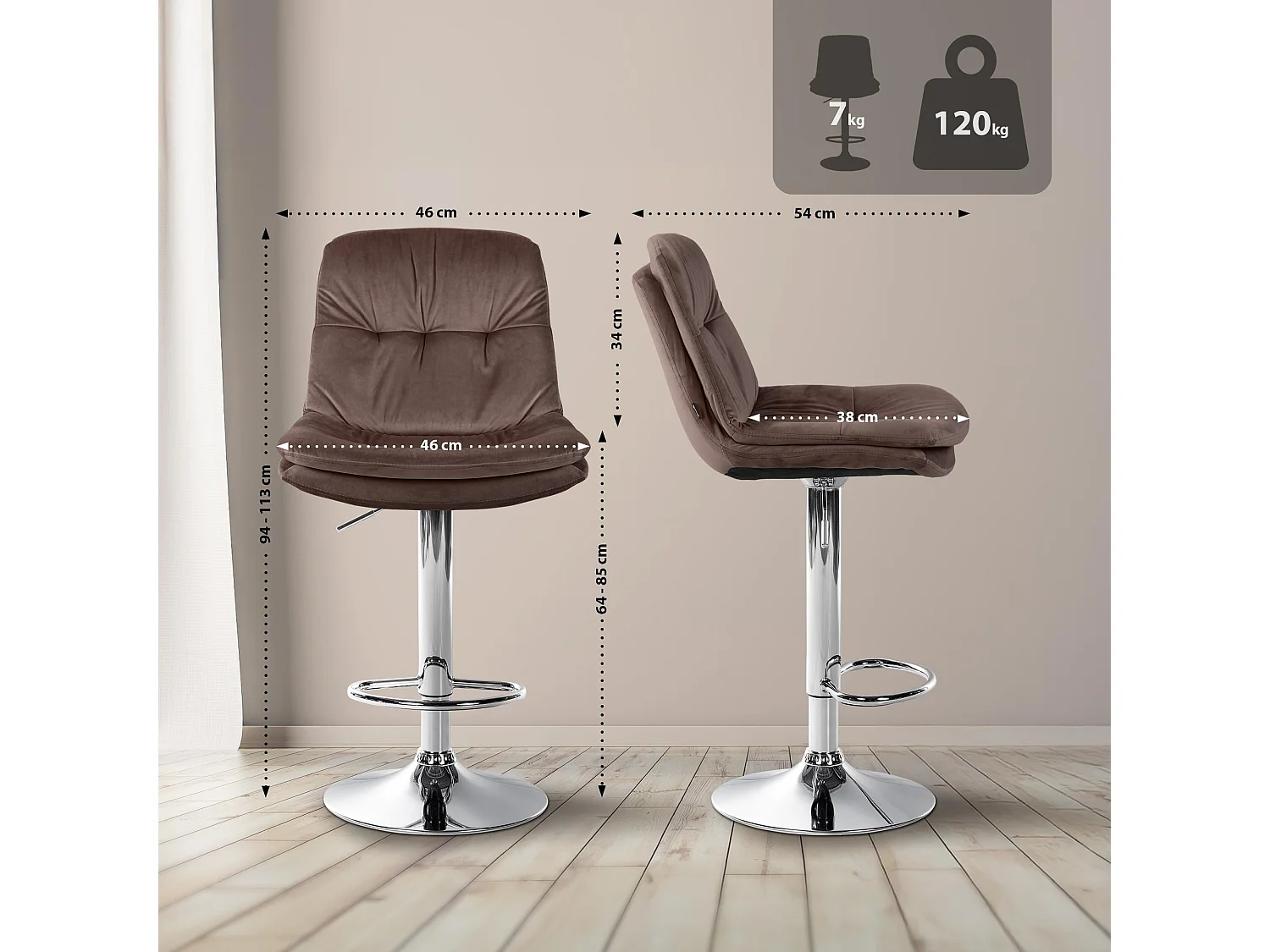 Tabouret de bar - Velours - Marron - Laurel