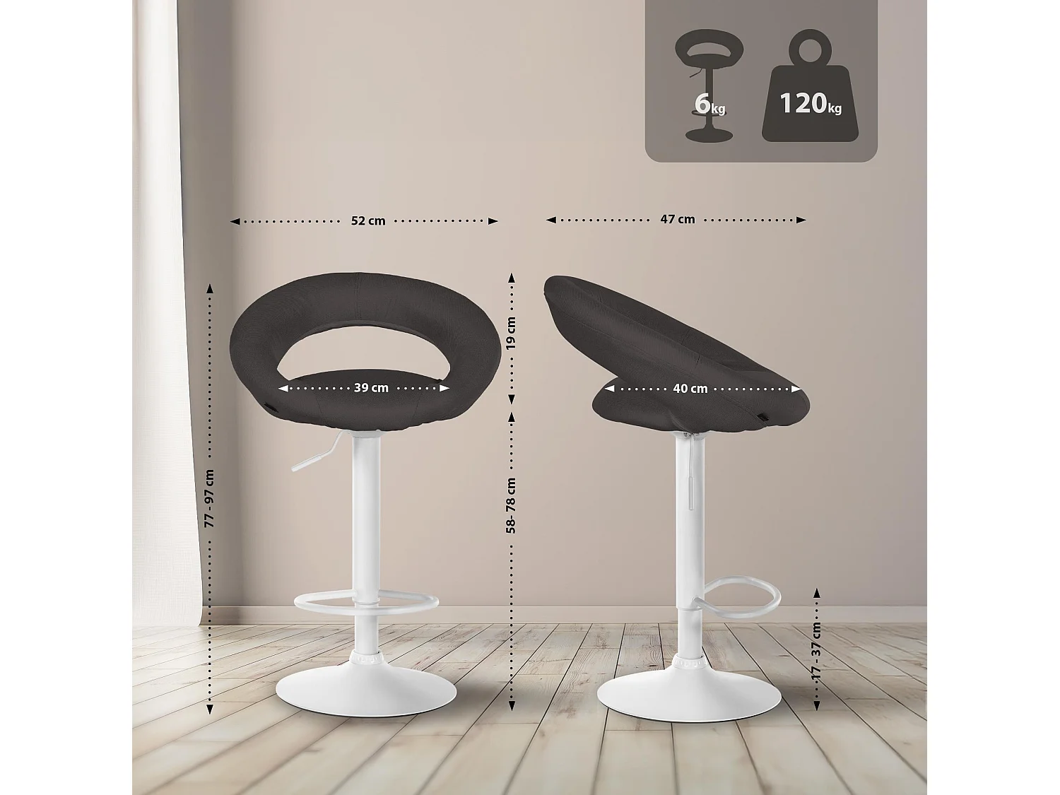 Tabouret de bar - Tissu & Blanc - Gris foncé - Olinda