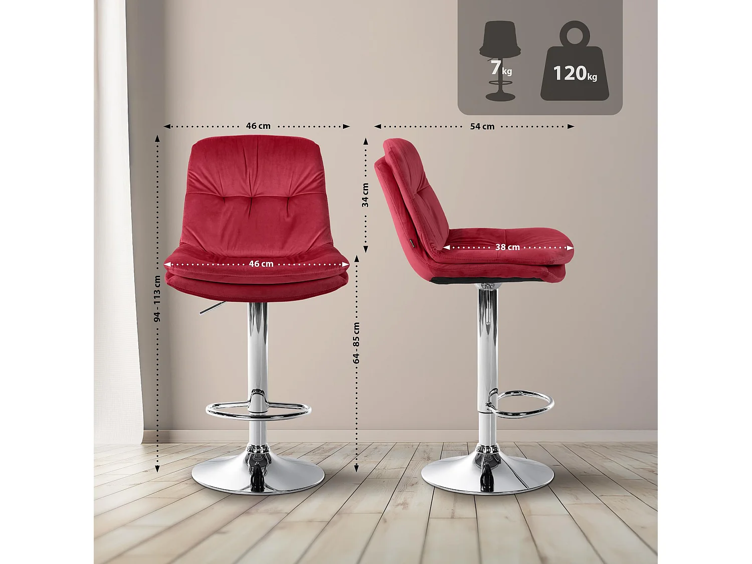 Tabouret de bar - Velours - Rouge - Laurel