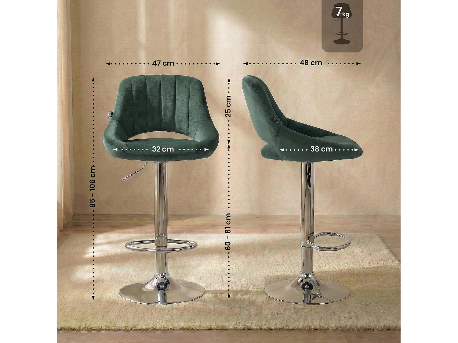 Lot de 2  Tabouret de bar - Velours - Vert - Milet