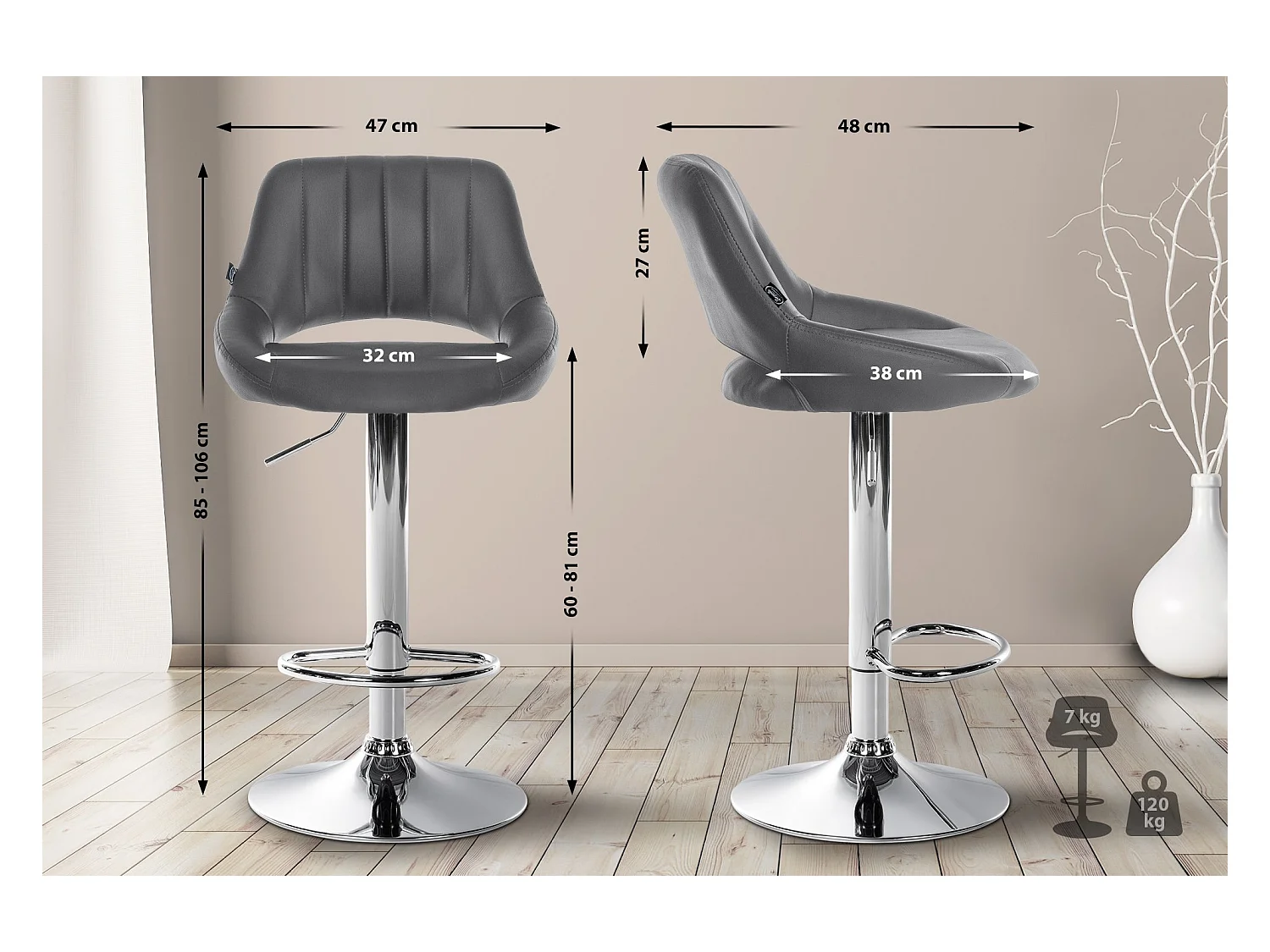 Lot de 2  Tabouret de bar - Similicuir - Gris - Milet