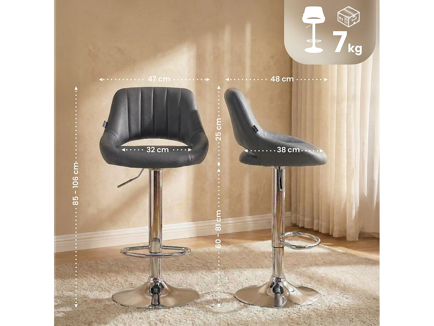 Lot de 2  Tabouret de bar - Similicuir - Gris - Milet