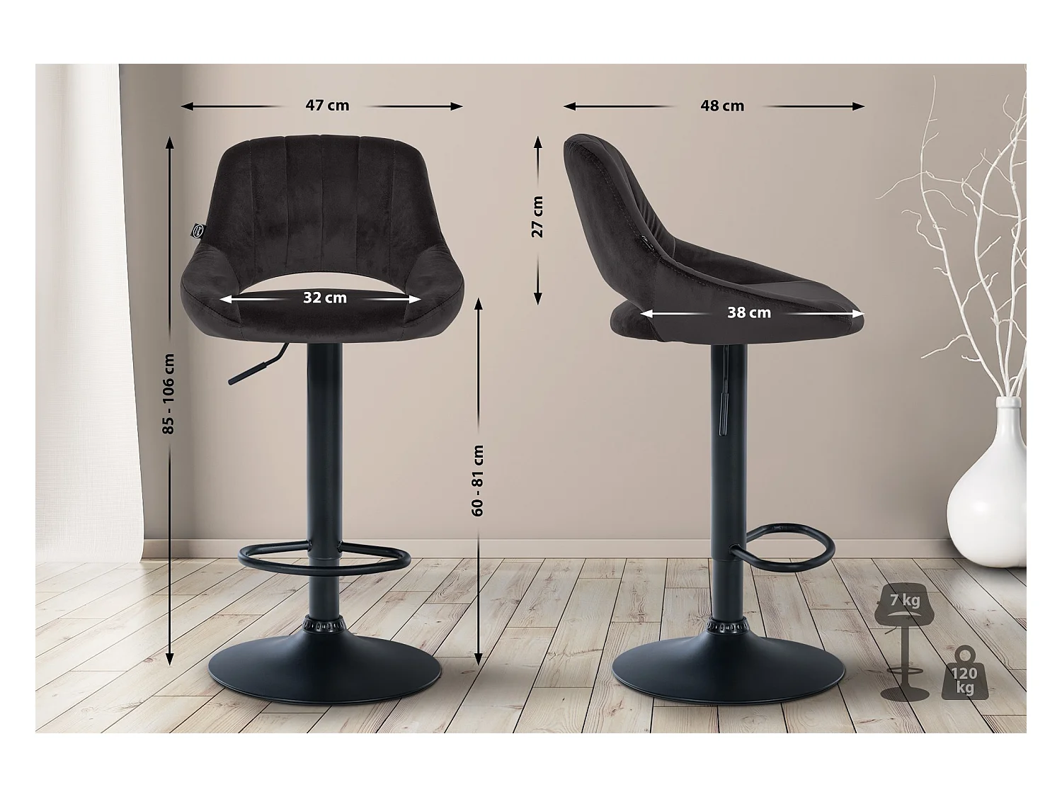 Lot de 2  Tabouret de bar - Velours - Noir - Milet