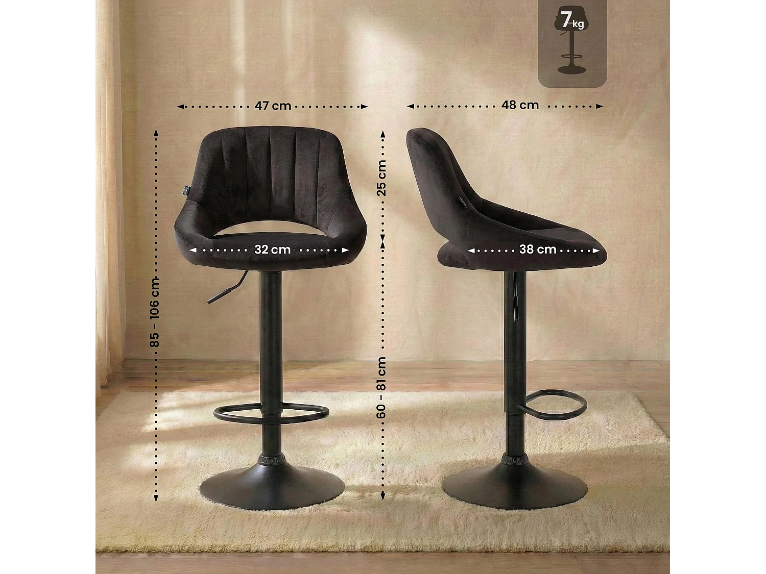 Lot de 2  Tabouret de bar - Velours - Noir - Milet