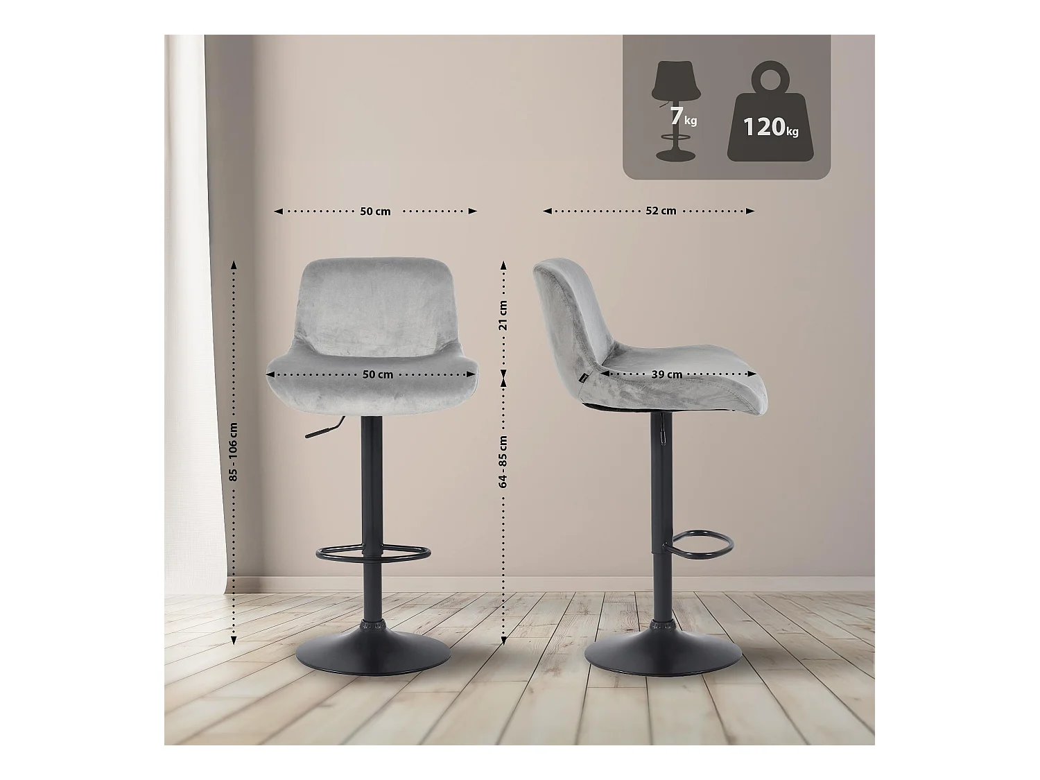 Tabouret de bar - Velours - Gris - Solon