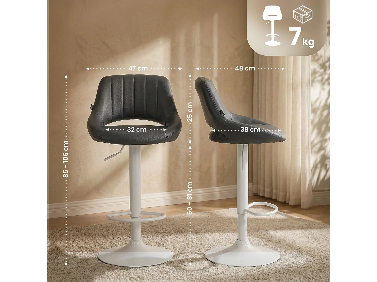 Lot de 2  Tabouret de bar - Similicuir - Gris - Milet