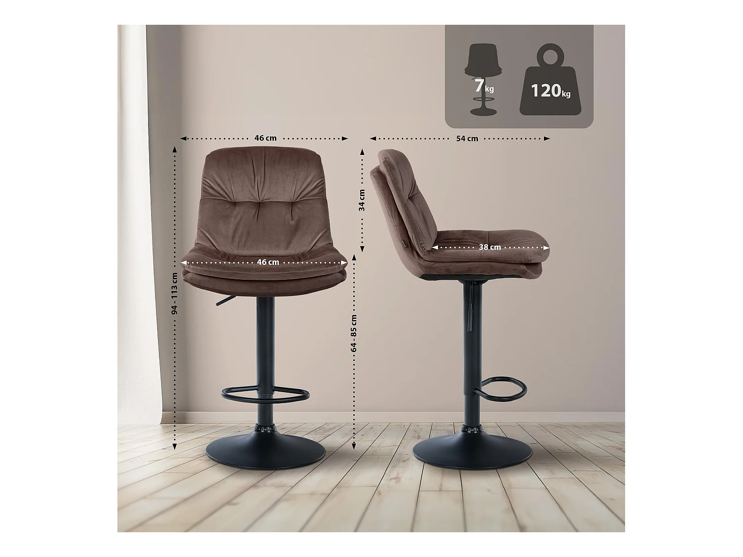 Tabouret de bar - Velours - Marron - Laurel