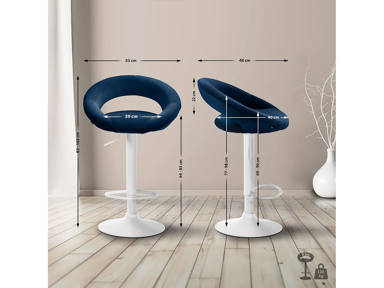 Tabouret de bar - Velours & Blanc - Bleu - Olinda