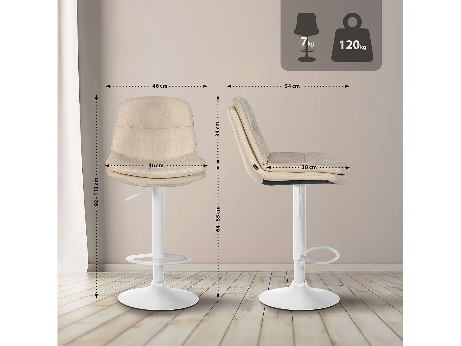 Tabouret de bar - Tissu - Crème - Laurel