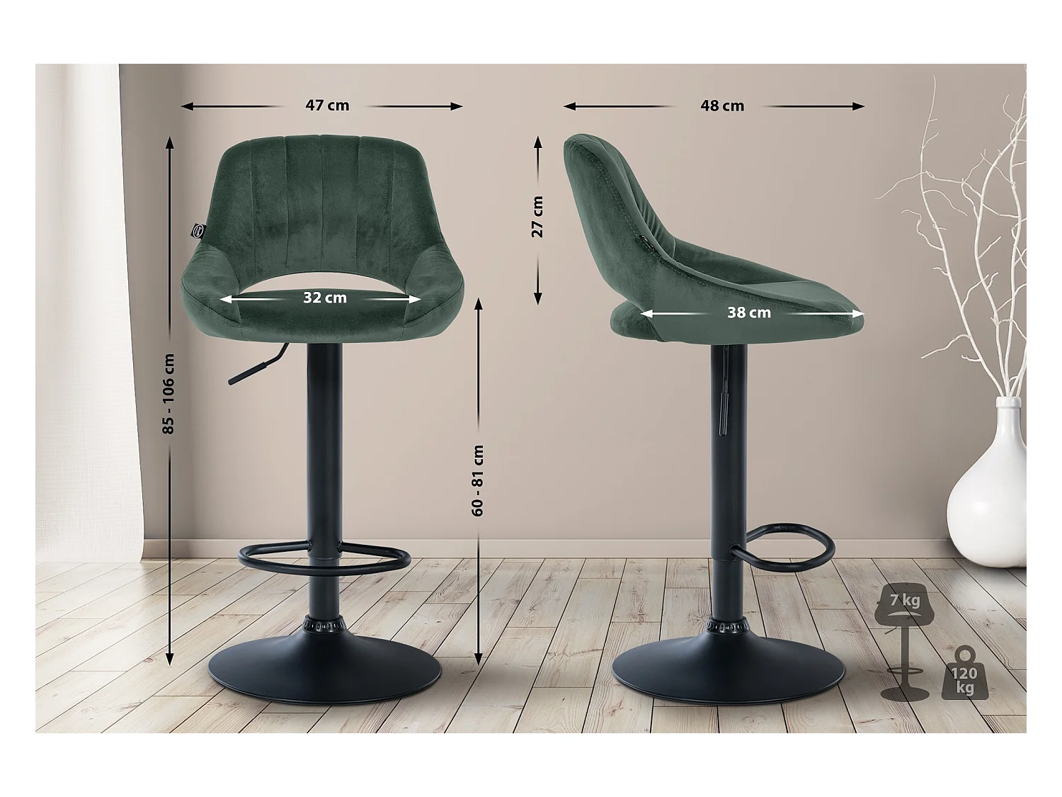 Lot de 2  Tabouret de bar - Velours - Vert - Milet