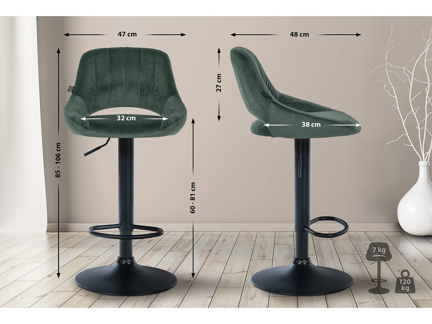 Lot de 2  Tabouret de bar - Velours - Vert - Milet