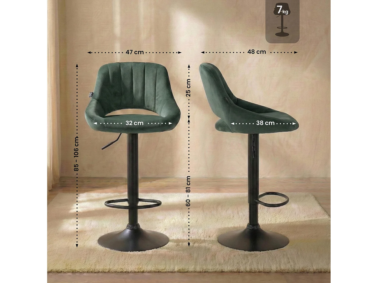 Lot de 2  Tabouret de bar - Velours - Vert - Milet