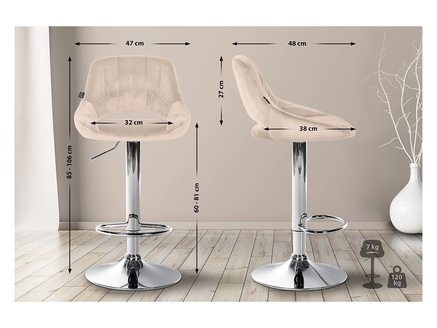 Lot de 2  Tabouret de bar - Velours - Crème - Milet