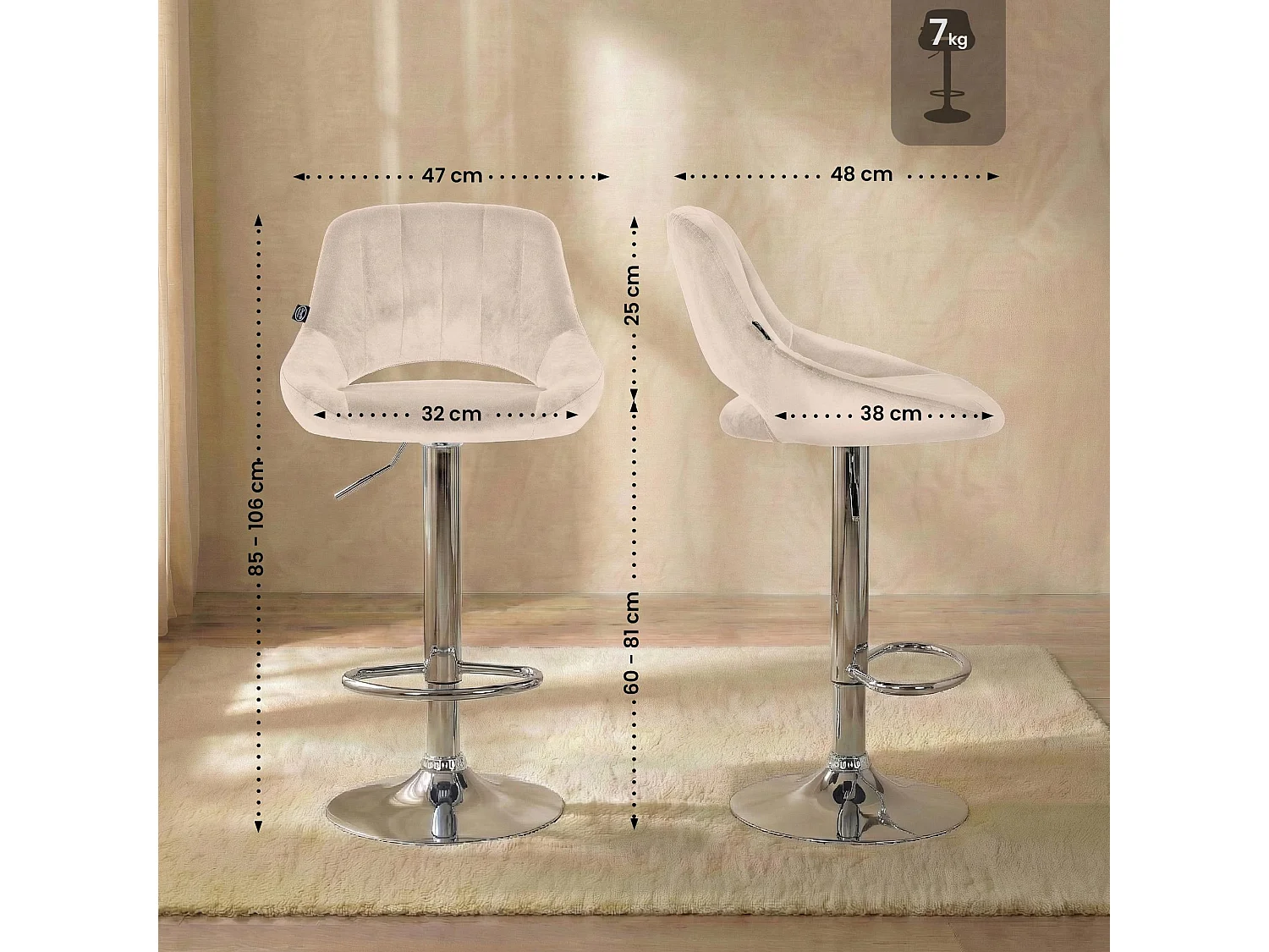 Lot de 2  Tabouret de bar - Velours - Crème - Milet