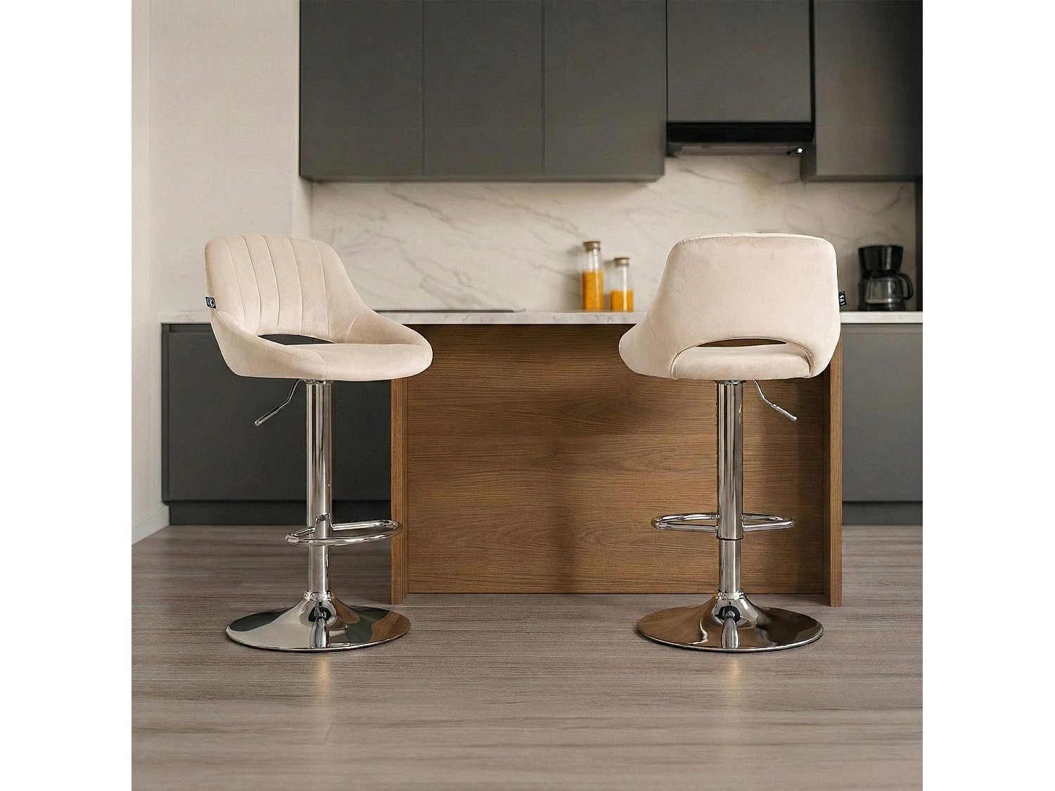 Lot de 2  Tabouret de bar - Velours - Crème - Milet