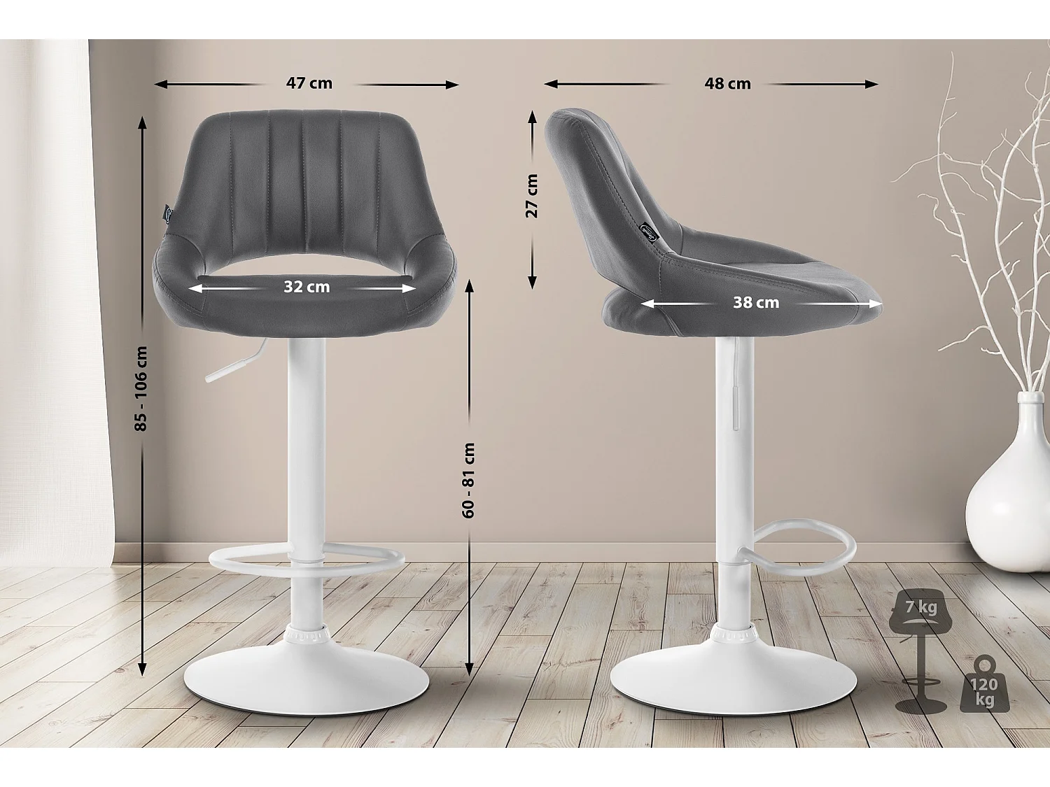 Tabouret de bar - Similicuir & Blanc - Gris - Milet