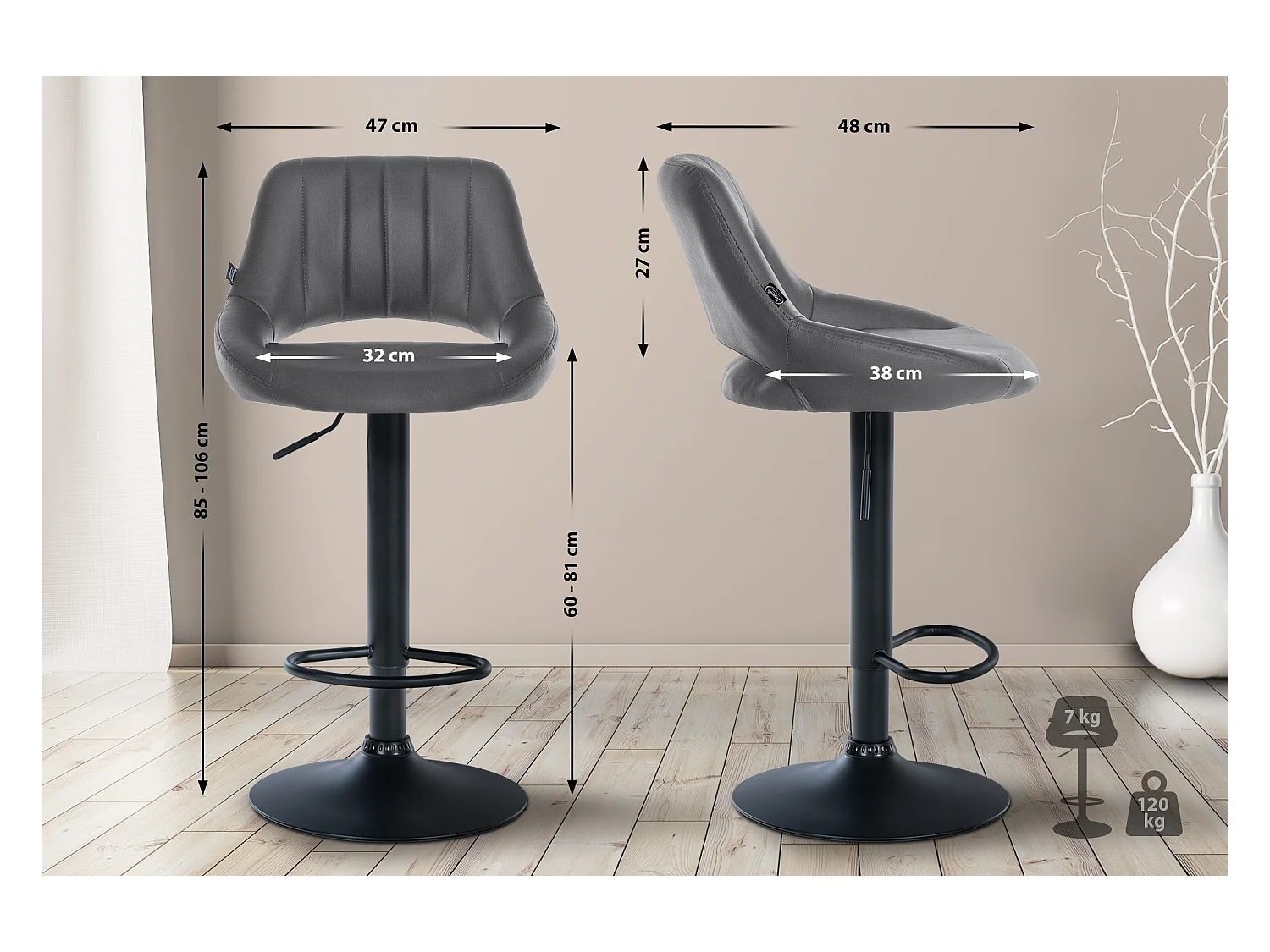 Tabouret de bar - Similicuir & Noir - Gris - Milet