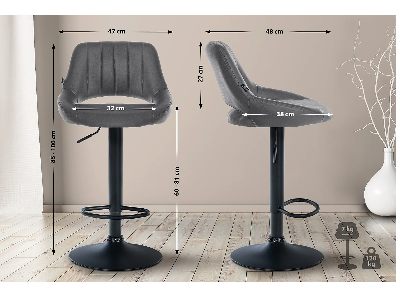 Tabouret de bar - Similicuir & Noir - Gris - Milet