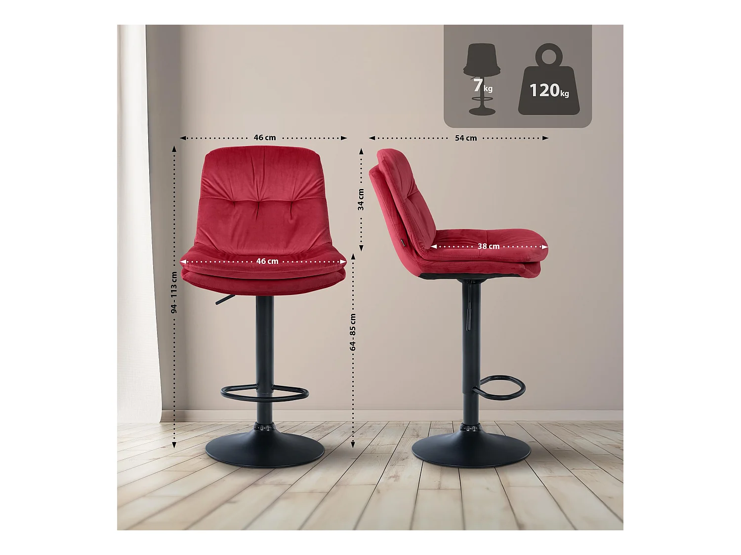 Tabouret de bar - Velours - Rouge - Laurel