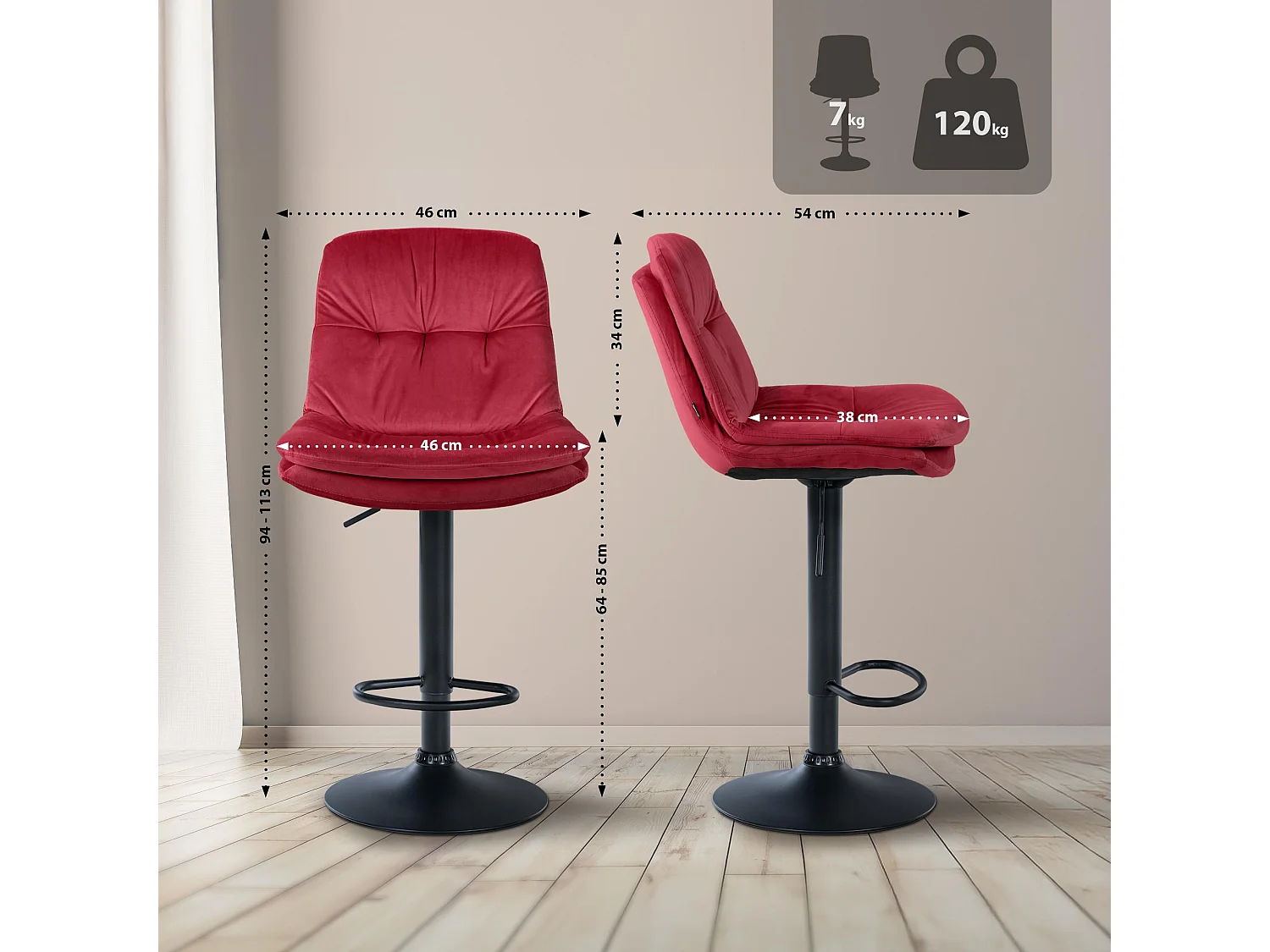 Tabouret de bar - Velours - Rouge - Laurel