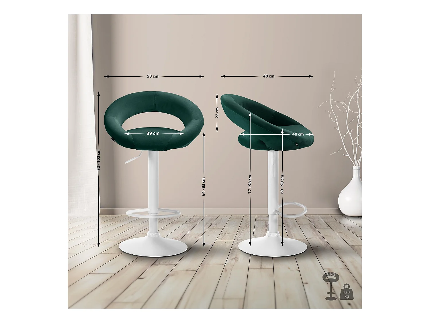 Tabouret de bar - Velours & Blanc - Vert - Olinda