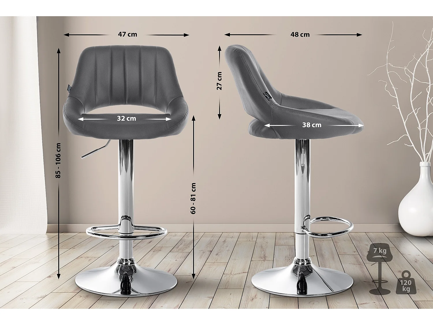 Tabouret de bar - Similicuir & Chrome - Gris - Milet