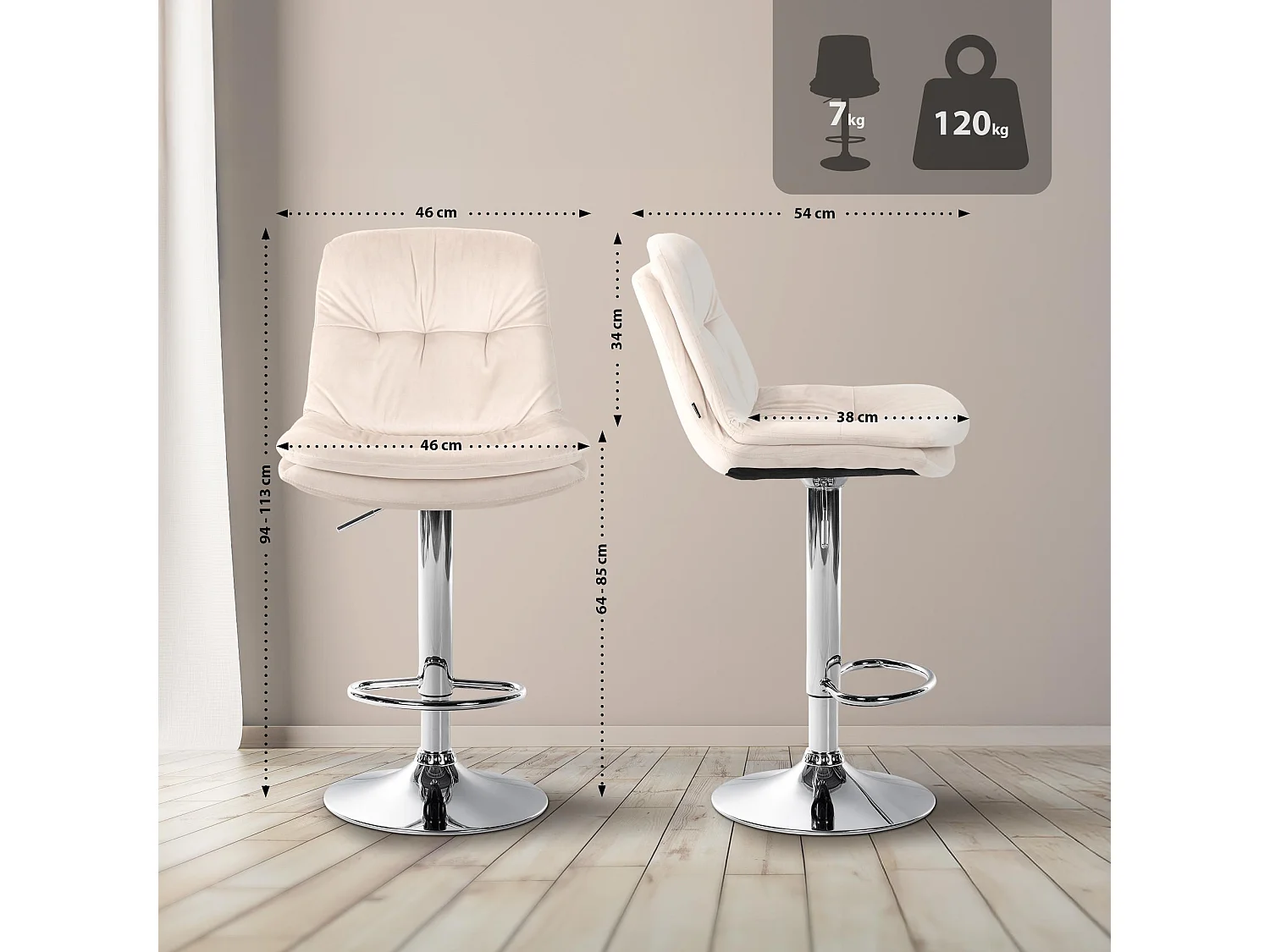 Tabouret de bar - Velours - Crème - Laurel