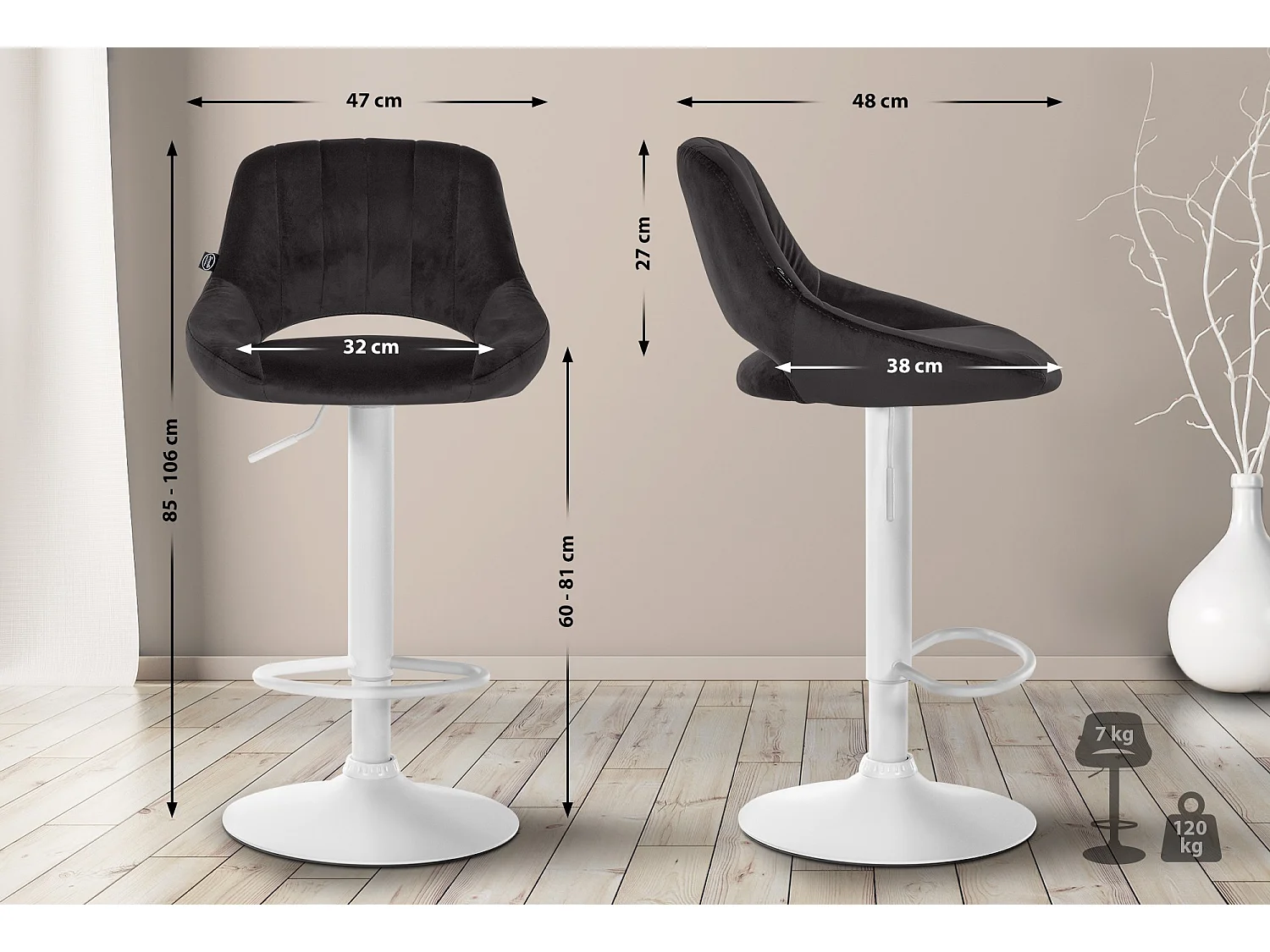 Tabouret de bar - Velours & Blanc - Noir - Milet