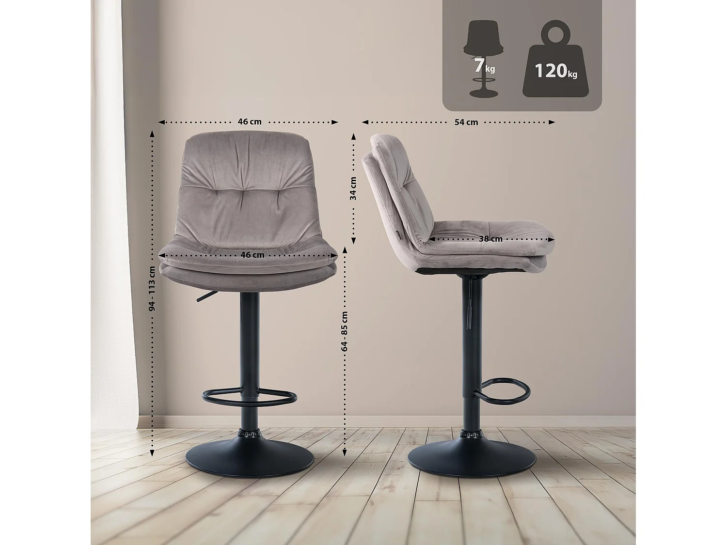 Tabouret de bar - Velours - Gris - Laurel