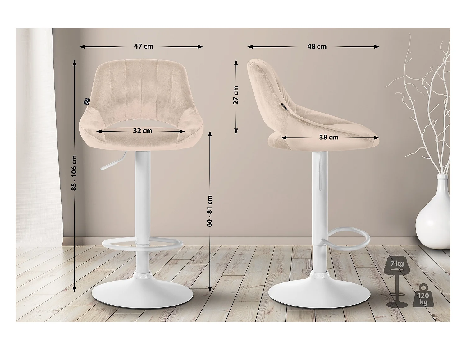 Lot de 2  Tabouret de bar - Velours - Crème - Milet