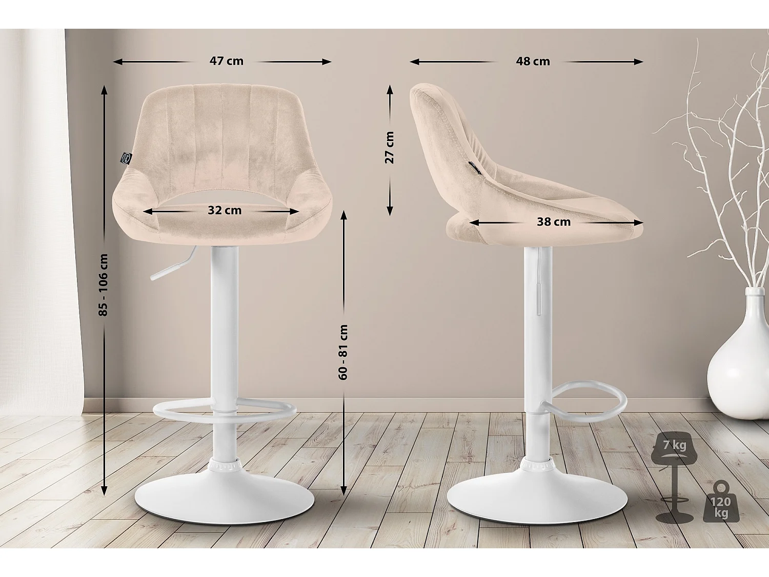 Lot de 2  Tabouret de bar - Velours - Crème - Milet