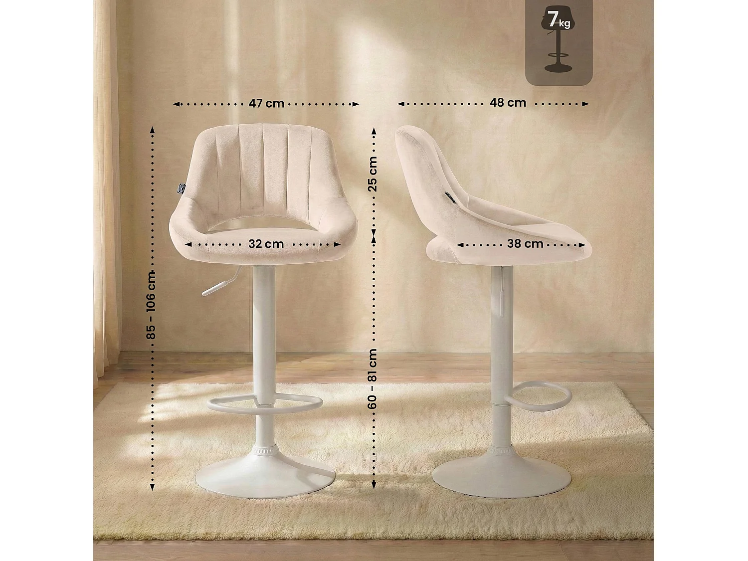 Lot de 2  Tabouret de bar - Velours - Crème - Milet