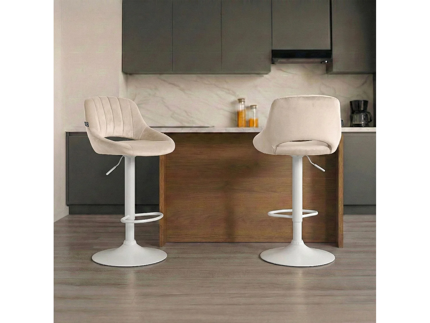 Lot de 2  Tabouret de bar - Velours - Crème - Milet
