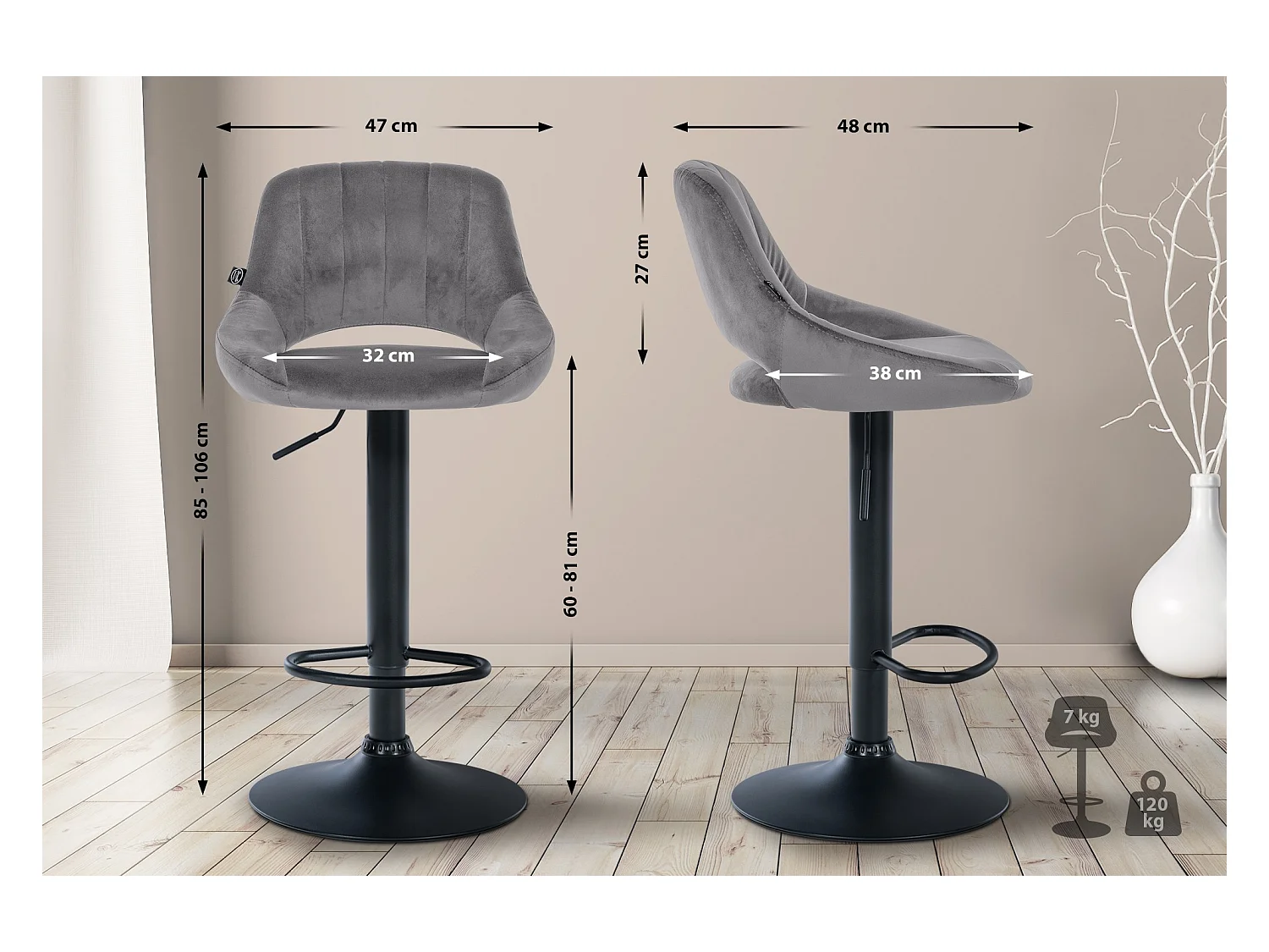 Lot de 2  Tabouret de bar - Velours - Gris foncé - Milet