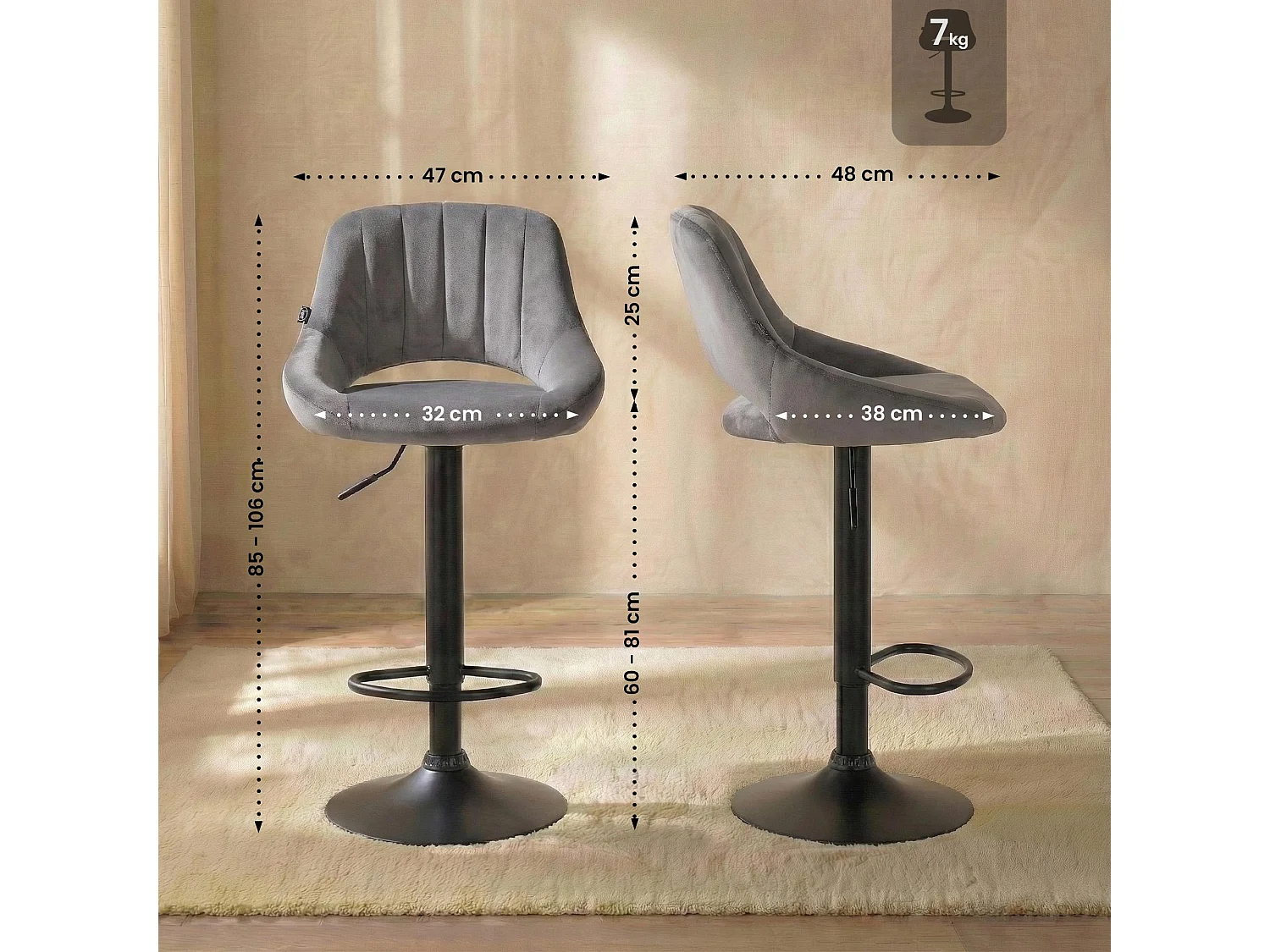Lot de 2  Tabouret de bar - Velours - Gris foncé - Milet
