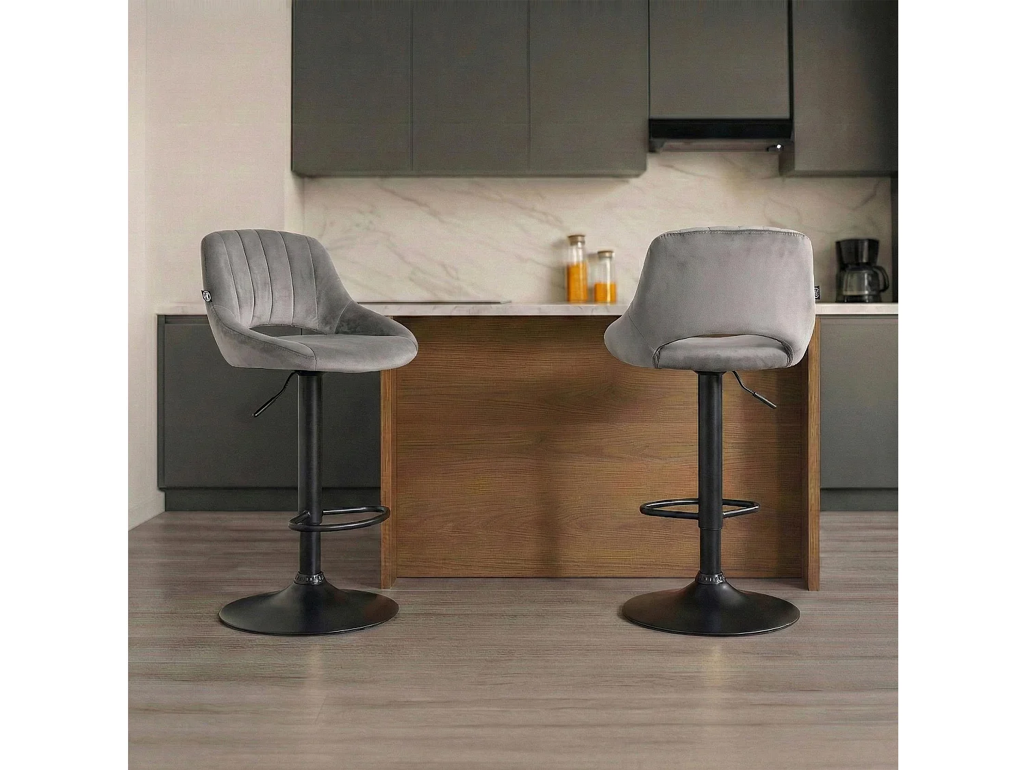 Lot de 2  Tabouret de bar - Velours - Gris foncé - Milet