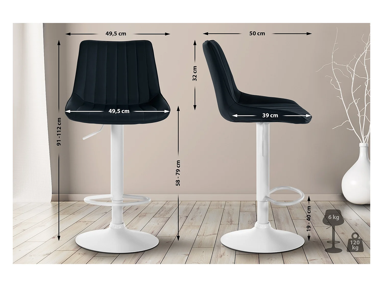 Lot de 2  Tabouret de bar - Similicuir - Noir - Toni