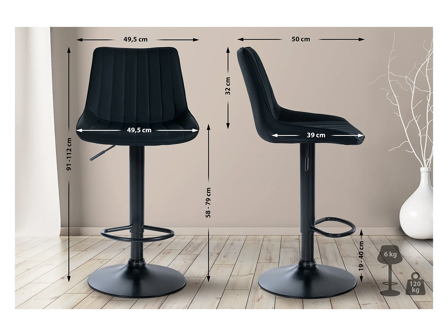 Lot de 2  Tabouret de bar - Similicuir - Noir - Toni