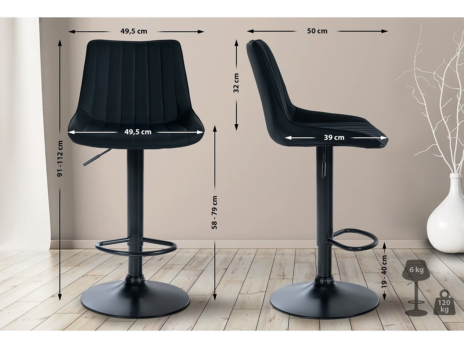 Lot de 2  Tabouret de bar - Similicuir - Noir - Toni