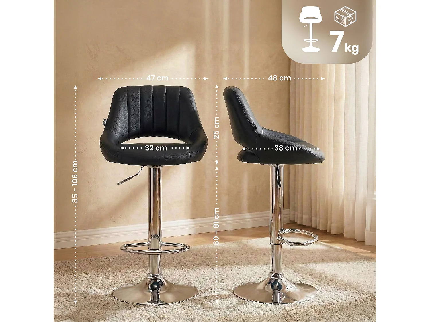 Lot de 2  Tabouret de bar - Similicuir - Noir - Milet