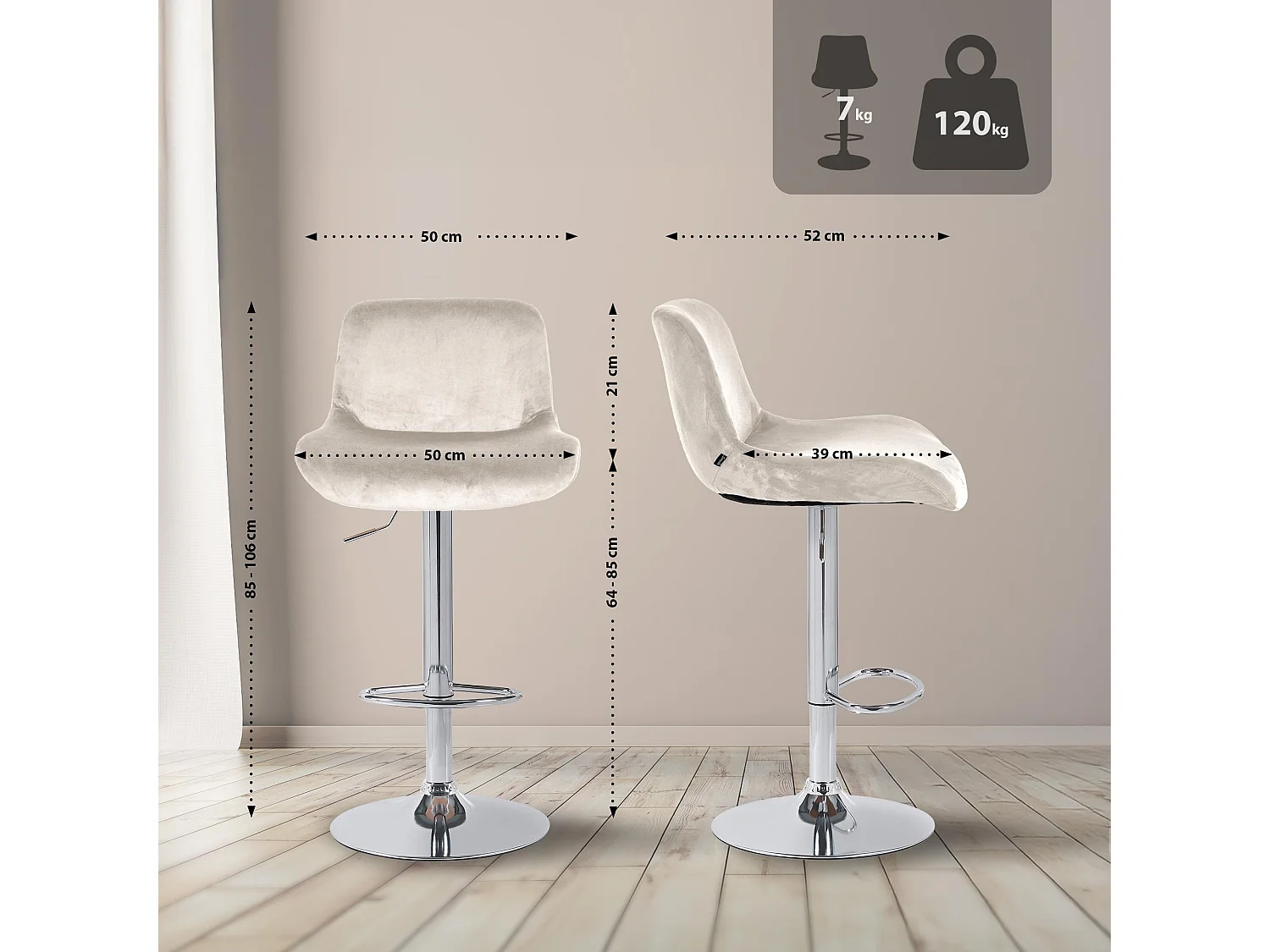 Tabouret de bar - Velours - Crème - Solon