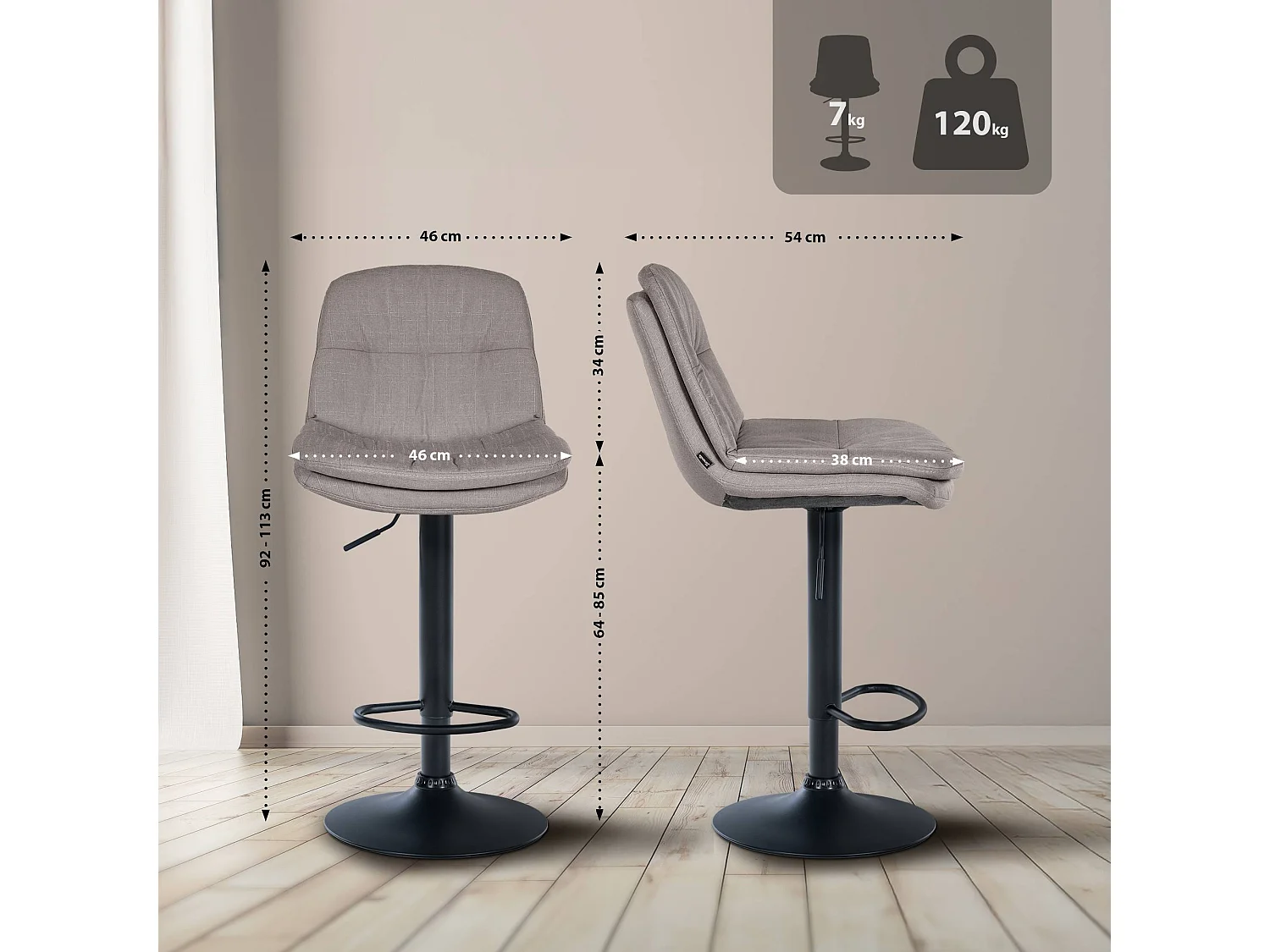 Tabouret de bar - Tissu - Gris - Laurel