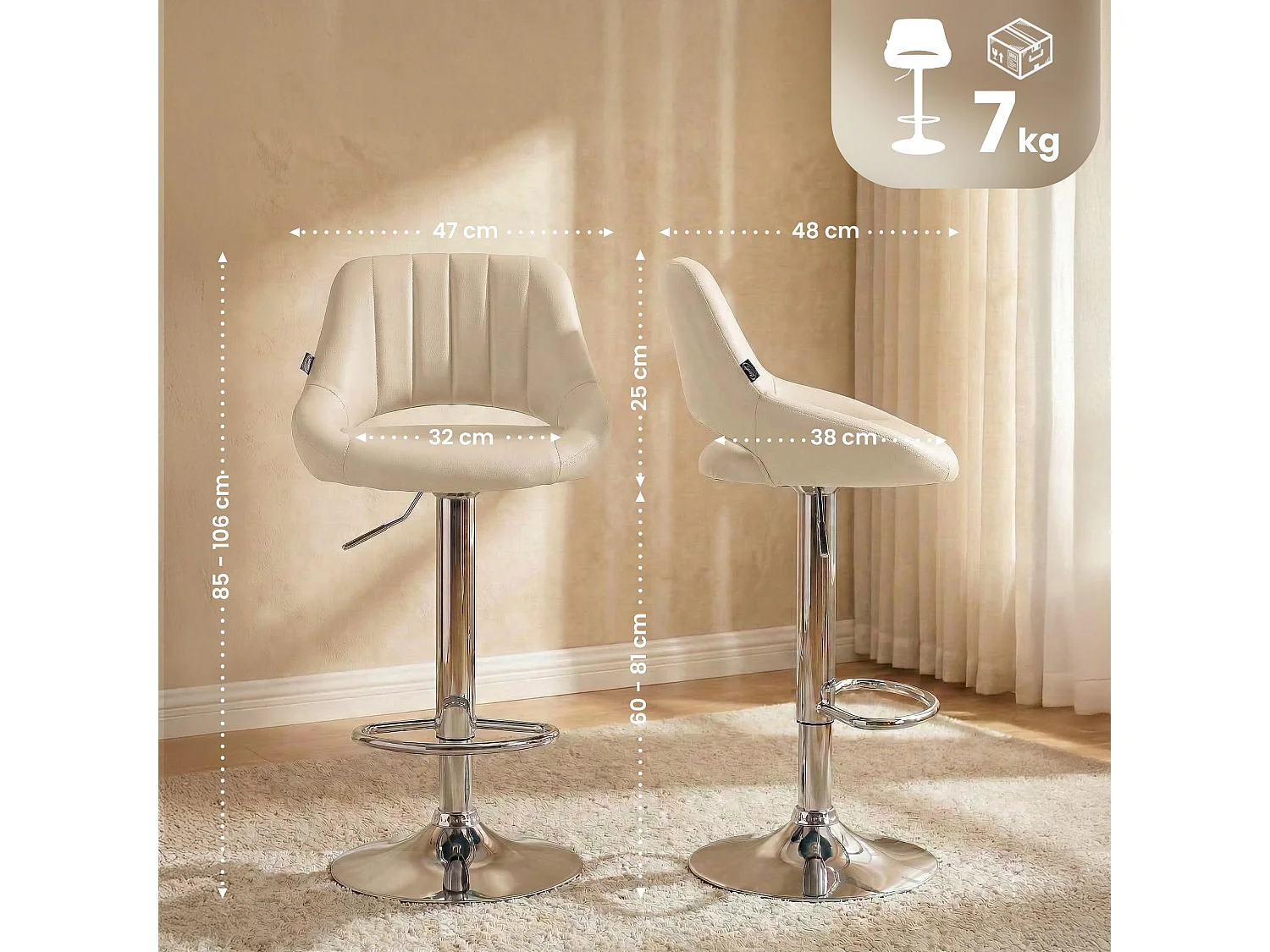 Tabouret de bar - Similicuir & Chrome - Crème - Milet
