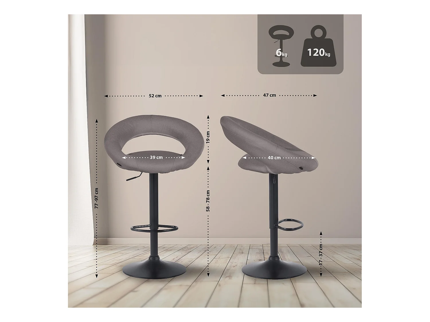 Lot de 2  Tabouret de bar - Tissu & Noir - Gris - Olinda